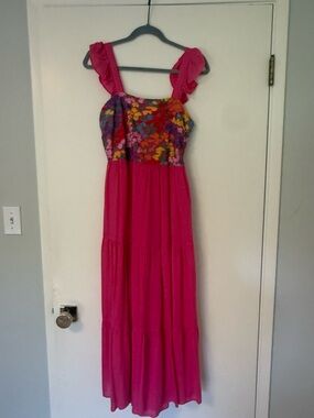 J Marie Bright Pink Maxi Dress with Colorful Floral Bodice